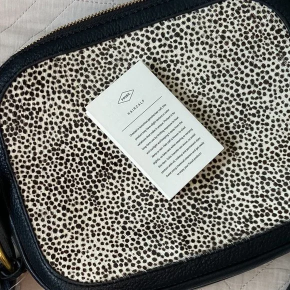 Fossil Black Elle Crossbody Bag Animal Print Cow Hide - Picture 11 of 11